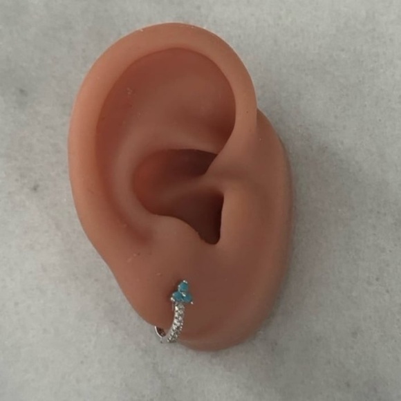NEW STOCK Sterling Silver Crystal Turquoise Flower Huggie Hoop Mini Earrings - Picture 2 of 5